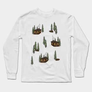 Cosy Cabin in the Woods with Bears Digital Pattern Illustration Long Sleeve T-Shirt